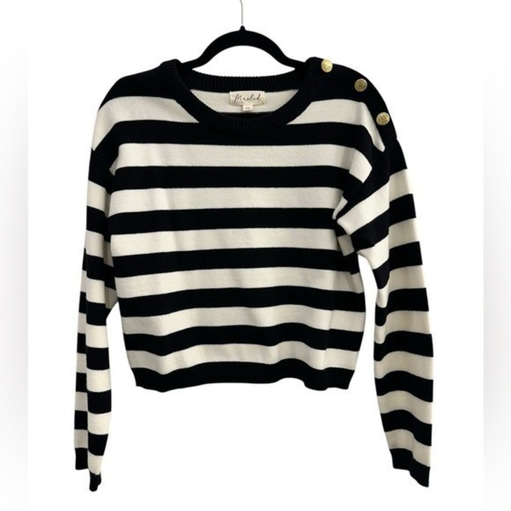 Marled Black White Stripe Sailor Button Shoulder Sweater Women's Medium